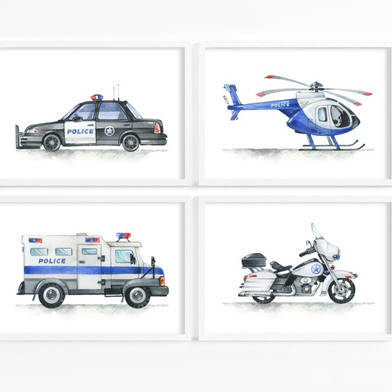 Heavy Equipment Background - Helicopter Police Car Boy Nursery Transportation